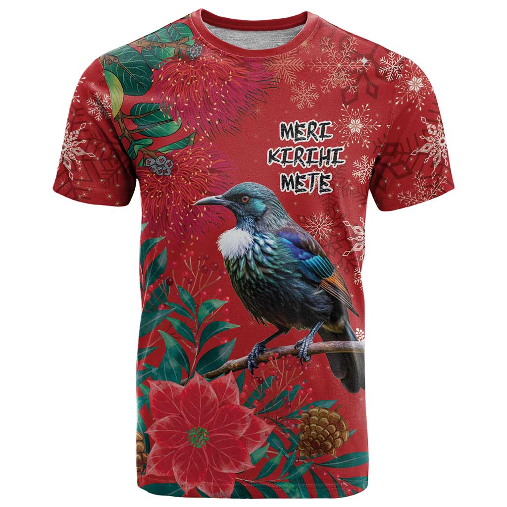 Tui Meri Kirihimete Personalised T Shirt Pohutukawa Flowers Red Motif LT9 Red - Polynesian Pride
