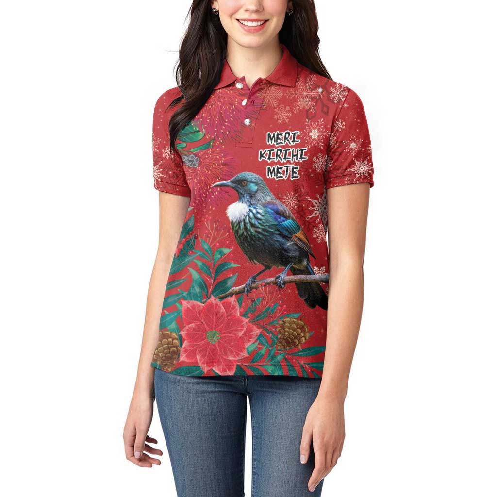 Tui Meri Kirihimete Personalised Women Polo Shirt Pohutukawa Flowers Red Motif - Polynesian Pride