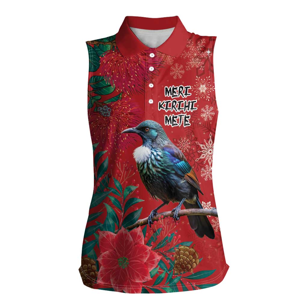 Tui Meri Kirihimete Personalised Women Sleeveless Polo Shirt Pohutukawa Flowers Red Motif LT9 Female Red - Polynesian Pride