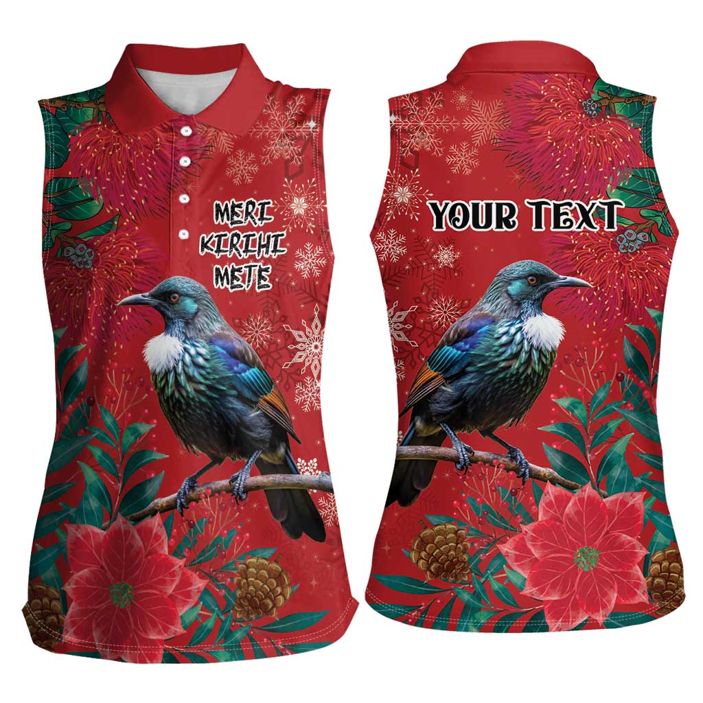 Tui Meri Kirihimete Personalised Women Sleeveless Polo Shirt Pohutukawa Flowers Red Motif LT9 - Polynesian Pride