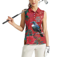 Tui Meri Kirihimete Personalised Women Sleeveless Polo Shirt Pohutukawa Flowers Red Motif LT9 - Polynesian Pride