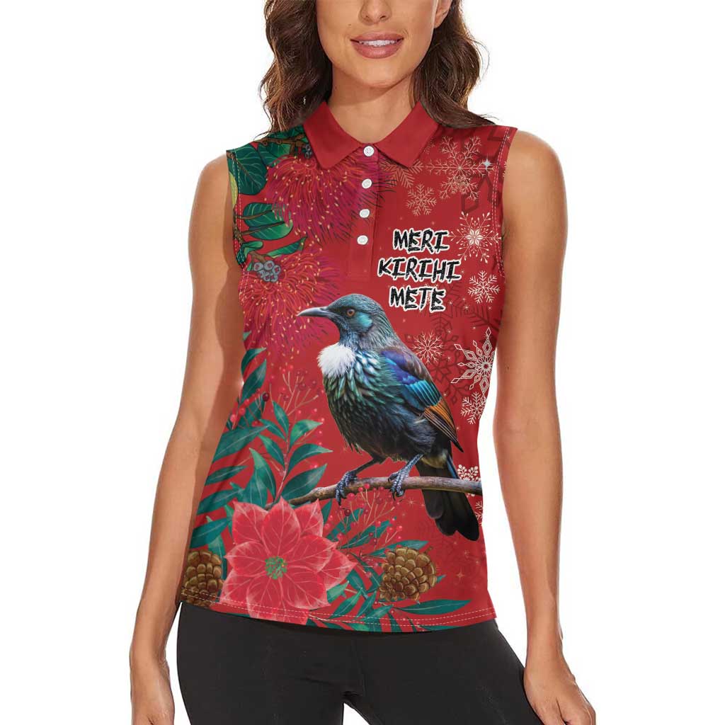 Tui Meri Kirihimete Personalised Women Sleeveless Polo Shirt Pohutukawa Flowers Red Motif LT9 - Polynesian Pride