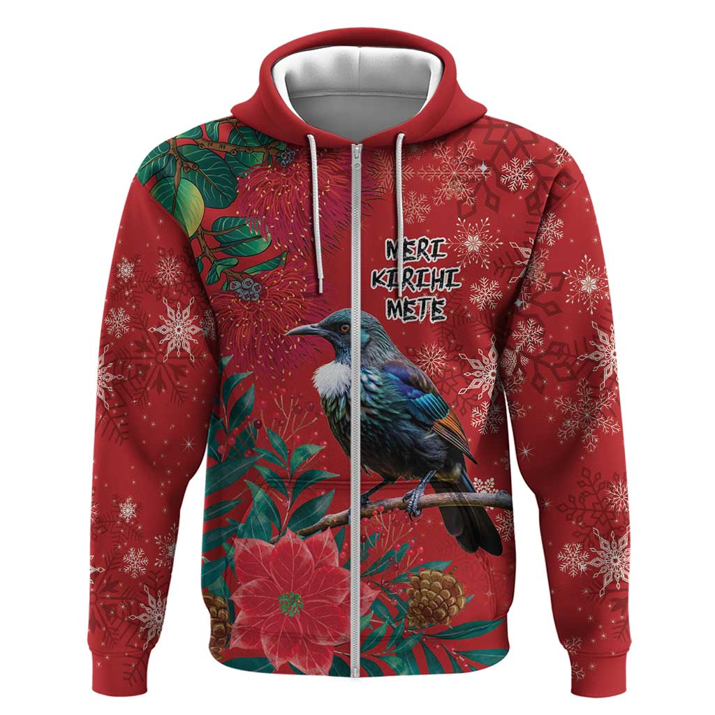 Tui Meri Kirihimete Personalised Zip Hoodie Pohutukawa Flowers Red Motif LT9 Zip Hoodie Red - Polynesian Pride