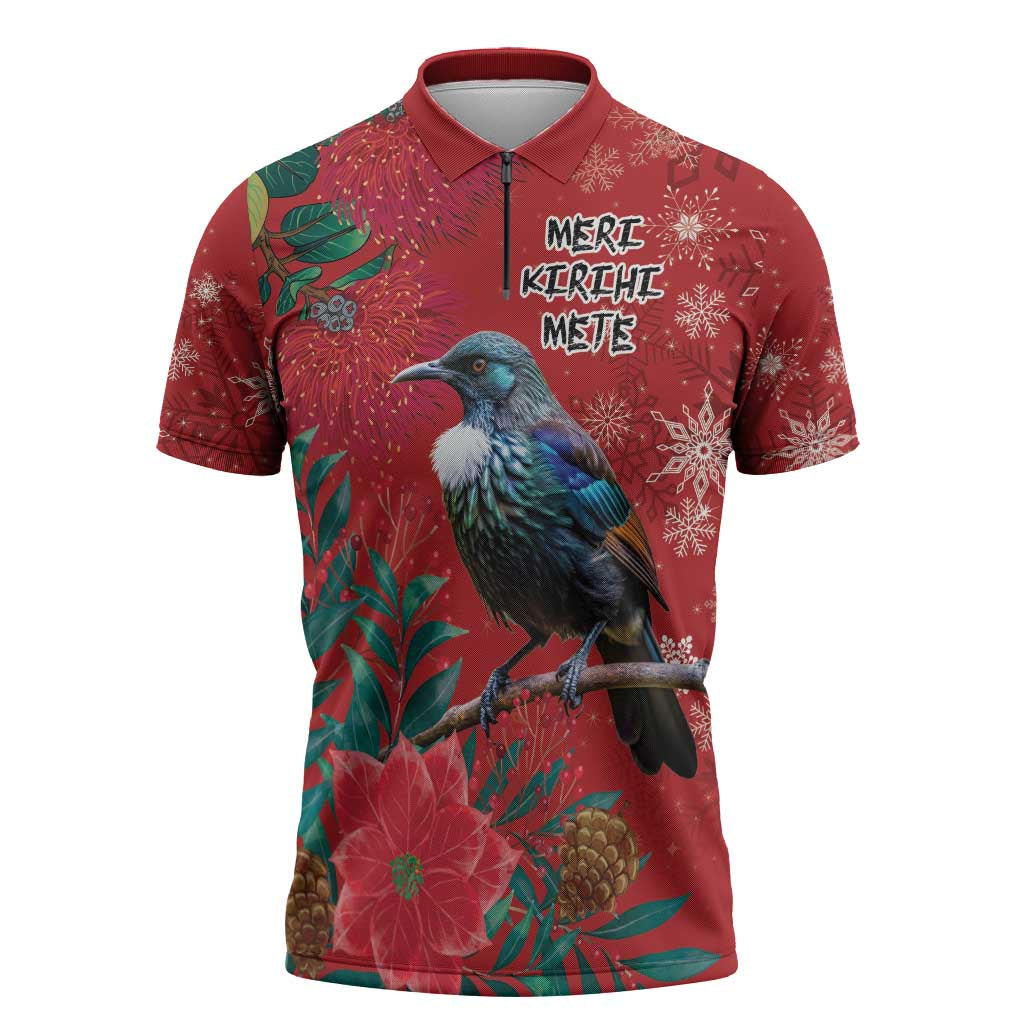 Tui Meri Kirihimete Personalised Zipper Polo Shirt Pohutukawa Flowers Red Motif LT9 Red - Polynesian Pride