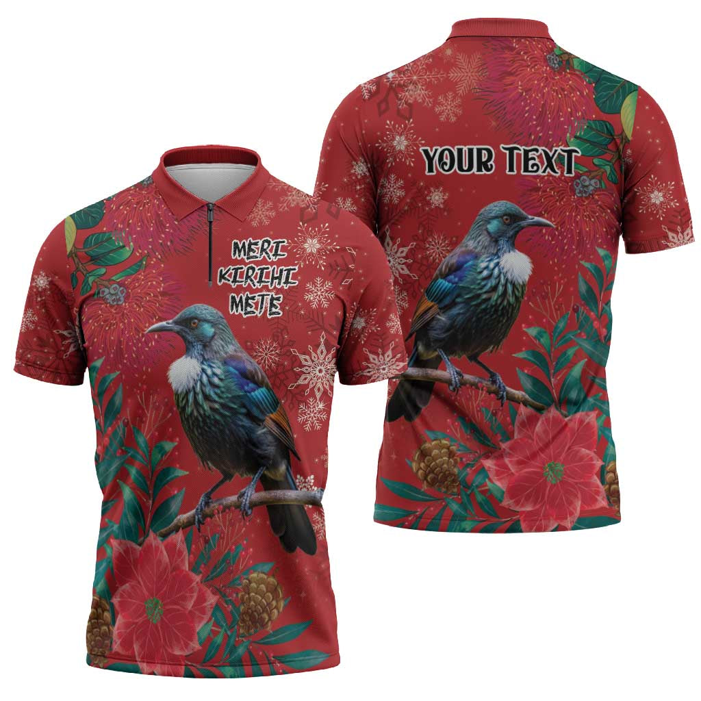 Tui Meri Kirihimete Personalised Zipper Polo Shirt Pohutukawa Flowers Red Motif LT9 - Polynesian Pride