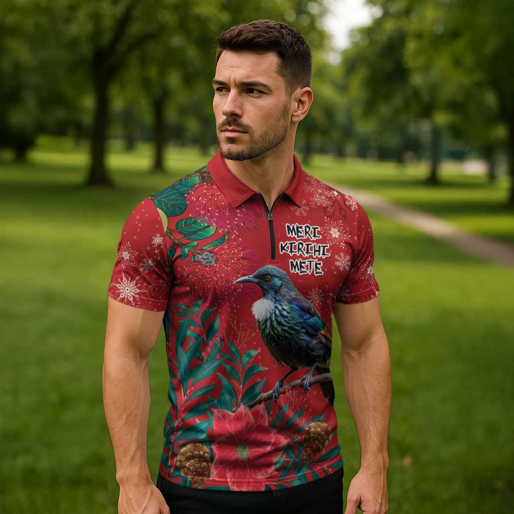 Tui Meri Kirihimete Personalised Zipper Polo Shirt Pohutukawa Flowers Red Motif LT9 - Polynesian Pride