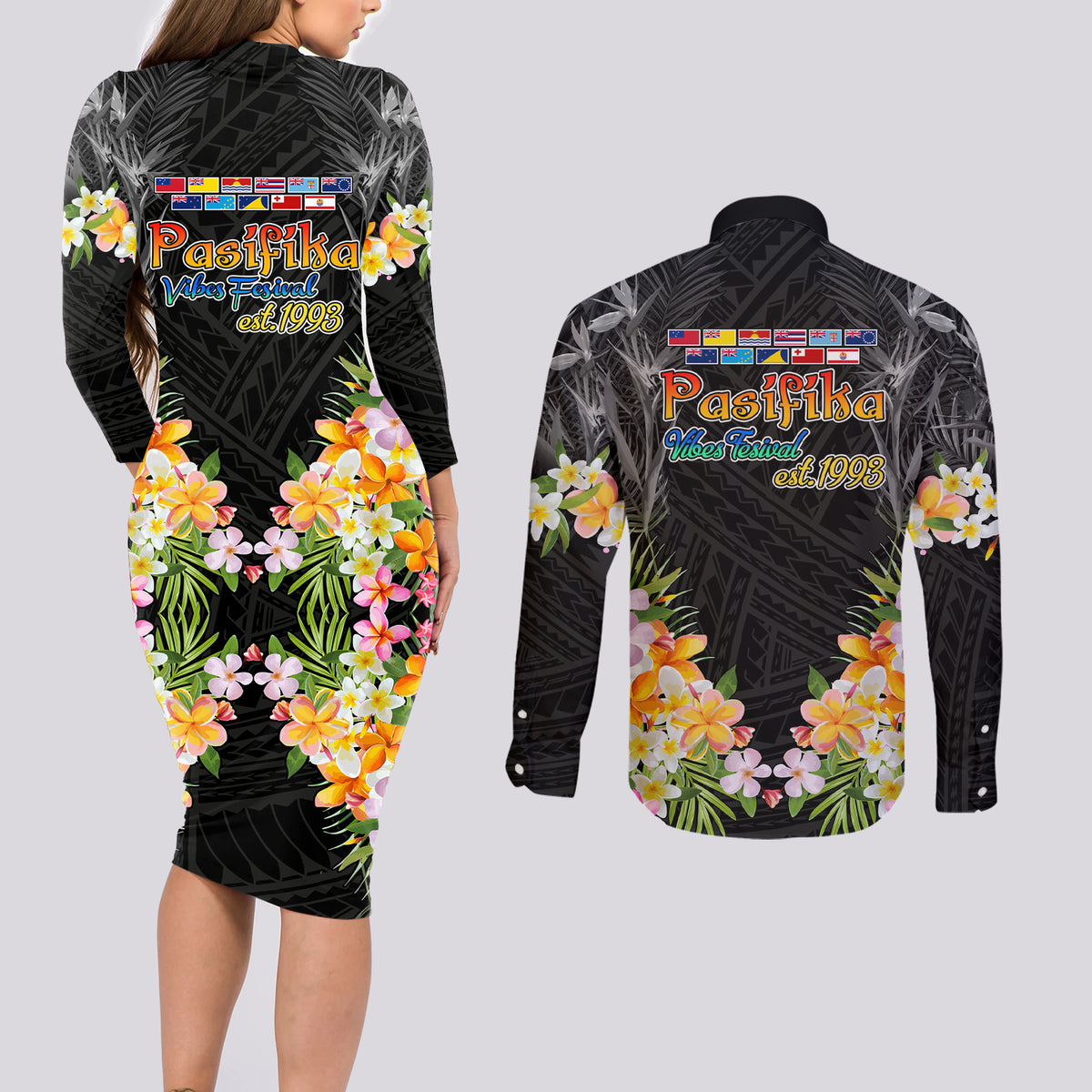 Pasifika Vibes Festival 2024 Auckland Couples Matching Long Sleeve Bodycon Dress and Long Sleeve Button Shirt LT9 - Polynesian Pride