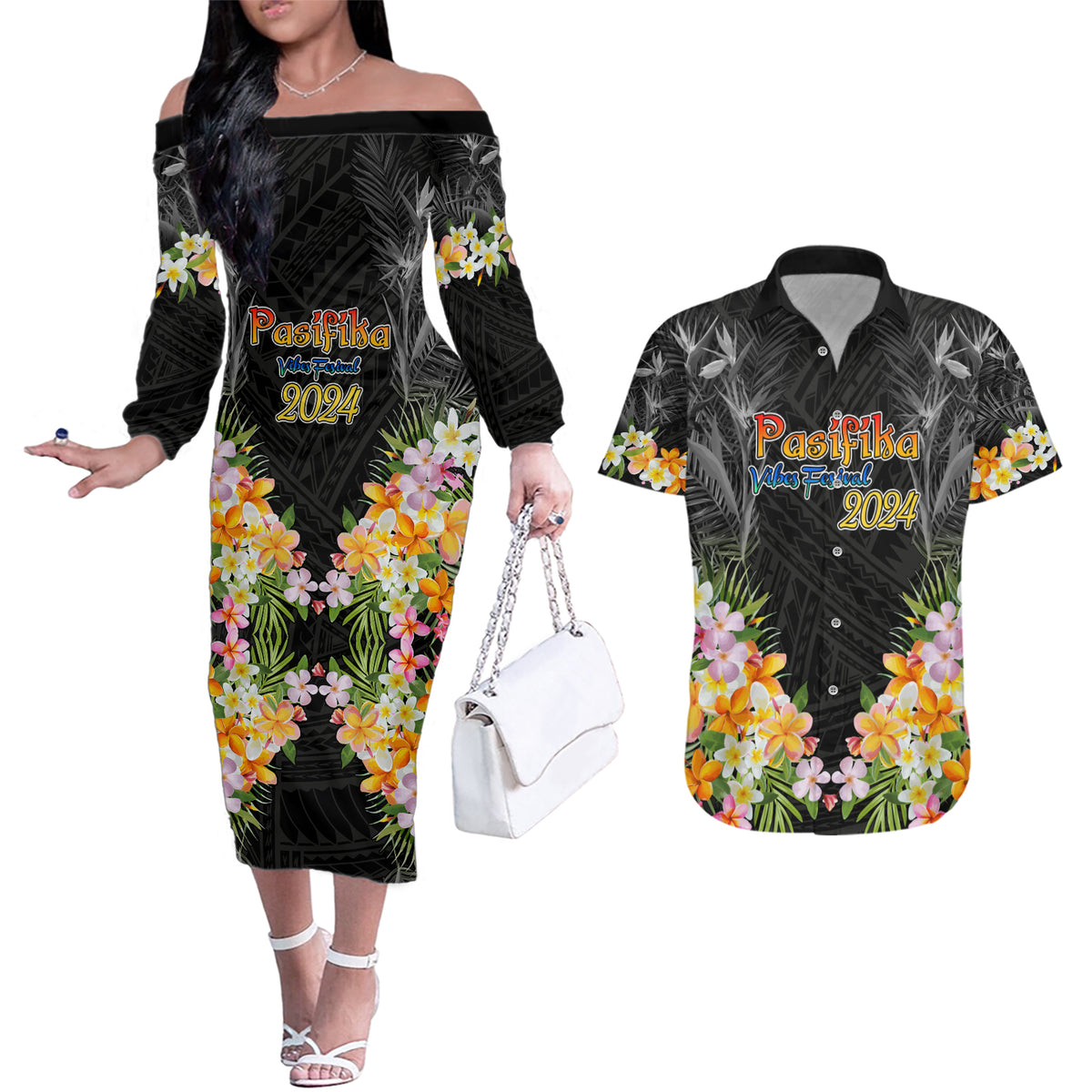 Pasifika Vibes Festival 2024 Auckland Couples Matching Off The Shoulder Long Sleeve Dress and Hawaiian Shirt LT9 Black - Polynesian Pride