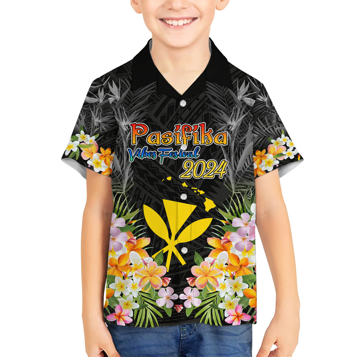 Pasifika Vibes Festival 2024 Family Matching Short Sleeve Bodycon Dress and Hawaiian Shirt Kanaka Maoli With Hawaiian Islands LT9 Son's Shirt Black - Polynesian Pride