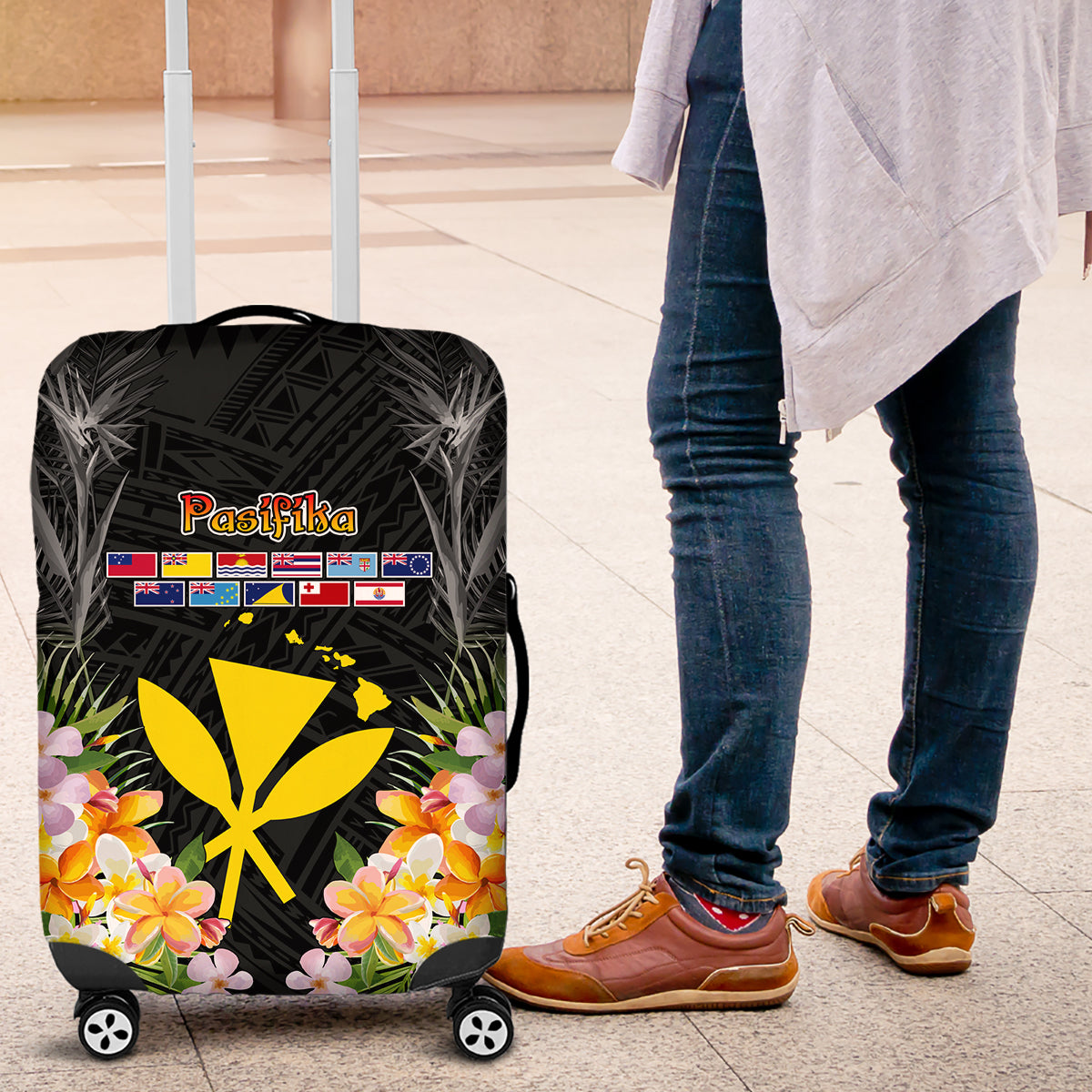 Pasifika Vibes Festival 2024 Luggage Cover Kanaka Maoli With Hawaiian Islands LT9 Black - Polynesian Pride