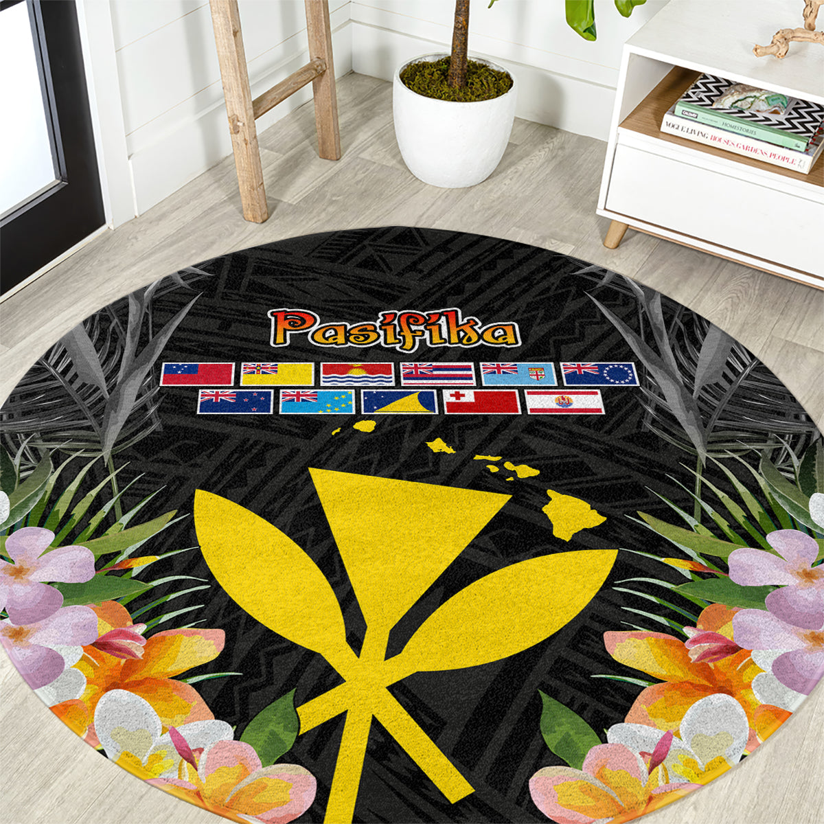 Pasifika Vibes Festival 2024 Round Carpet Kanaka Maoli With Hawaiian Islands LT9 Black - Polynesian Pride