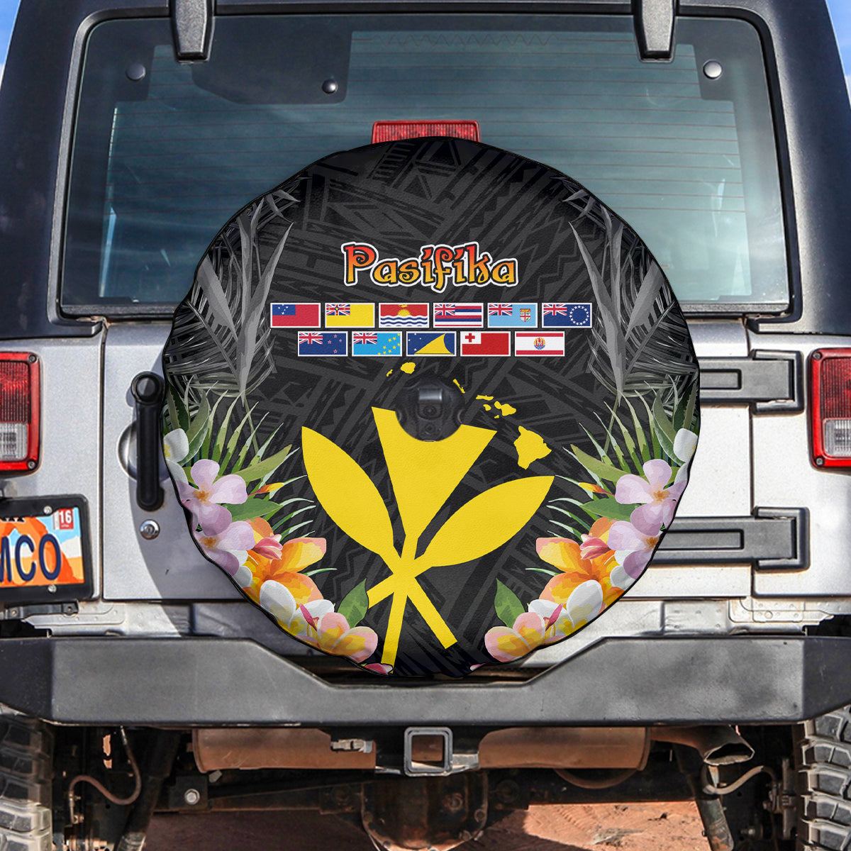 Pasifika Vibes Festival 2024 Spare Tire Cover Kanaka Maoli With Hawaiian Islands LT9 Black - Polynesian Pride