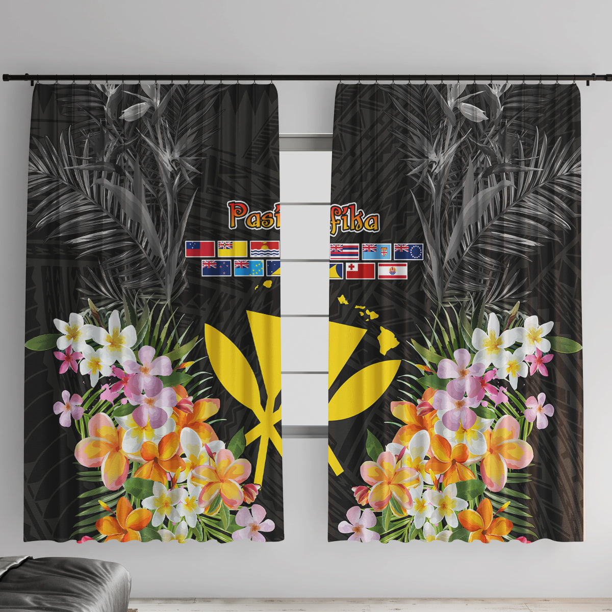 Pasifika Vibes Festival 2024 Window Curtain Kanaka Maoli With Hawaiian Islands LT9 With Hooks Black - Polynesian Pride