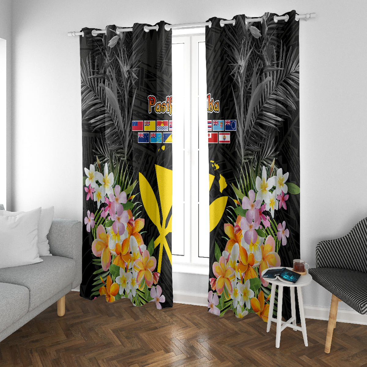 Pasifika Vibes Festival 2024 Window Curtain Kanaka Maoli With Hawaiian Islands LT9 With Grommets Black - Polynesian Pride