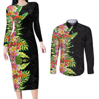 Hawaii Tropical Flowers Tribal Pattern Couples Matching Long Sleeve Bodycon Dress and Long Sleeve Button Shirt No1 LT9 Black - Polynesian Pride