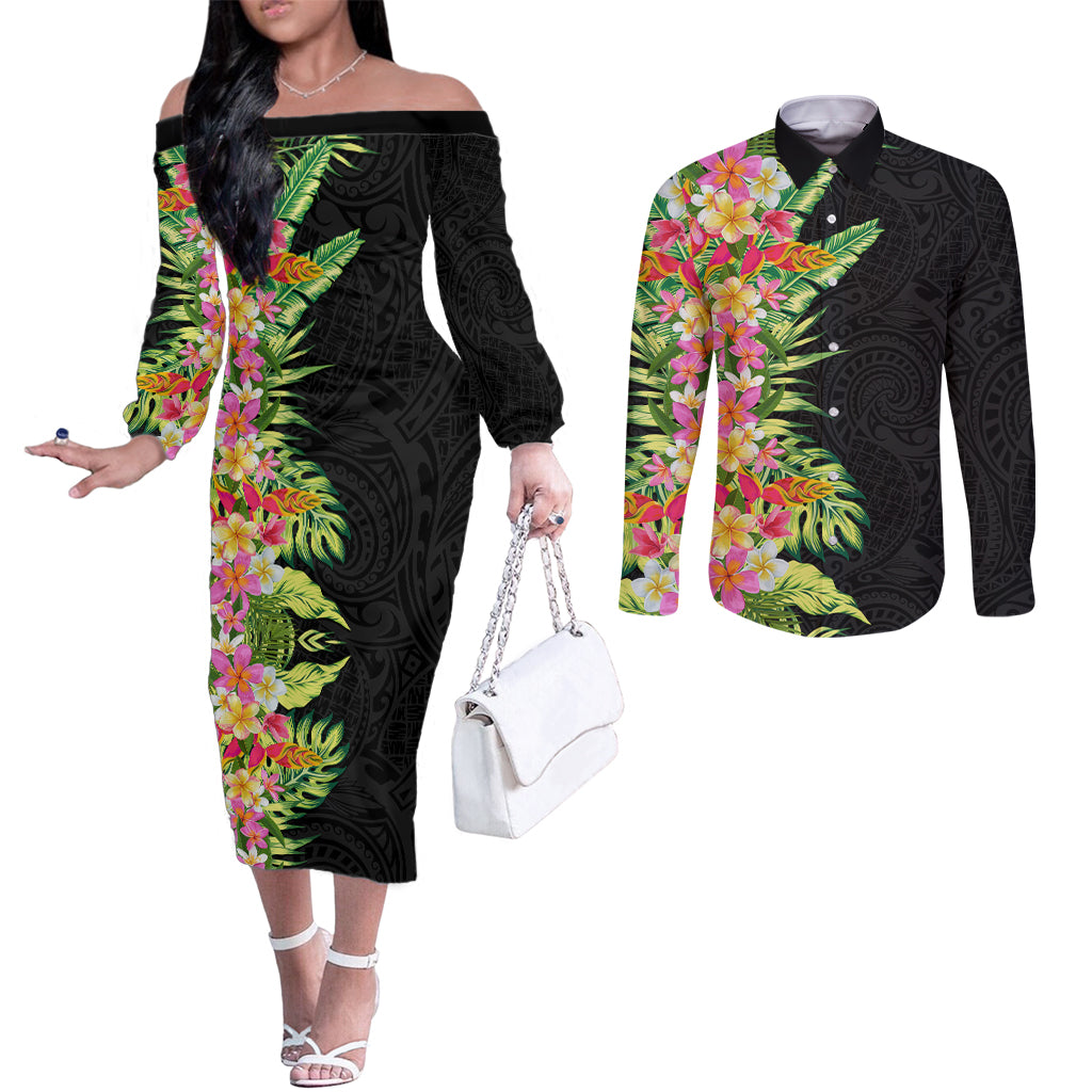 Hawaii Tropical Flowers Tribal Pattern Couples Matching Off The Shoulder Long Sleeve Dress and Long Sleeve Button Shirt No1 LT9 Black - Polynesian Pride