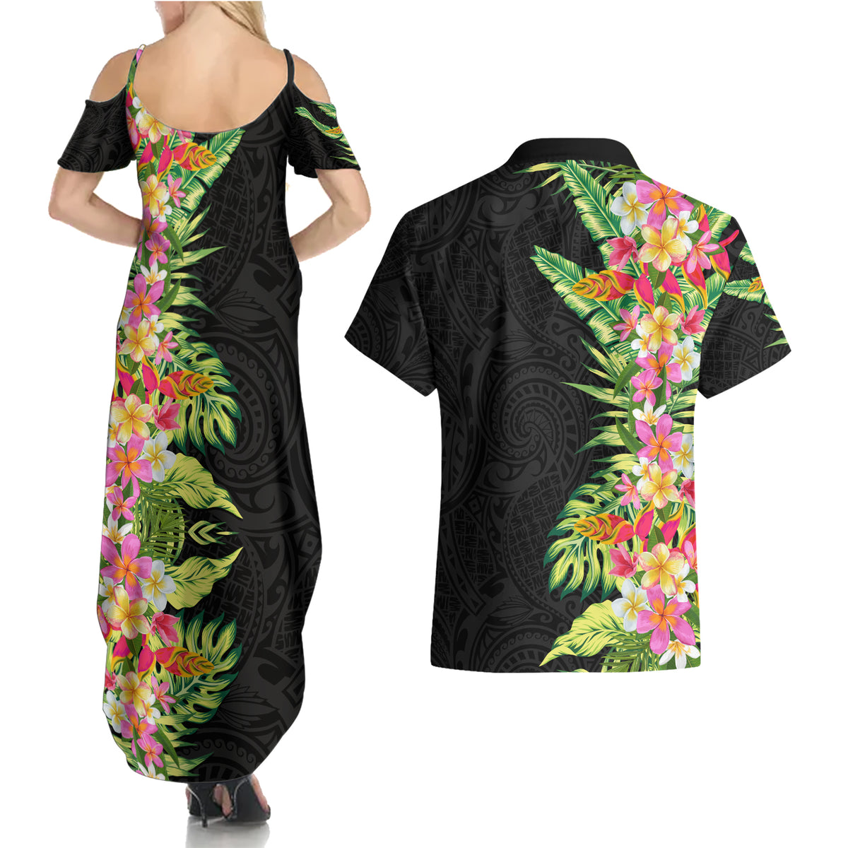 Hawaii Tropical Flowers Tribal Pattern Couples Matching Summer Maxi Dress and Hawaiian Shirt No1 LT9 - Polynesian Pride