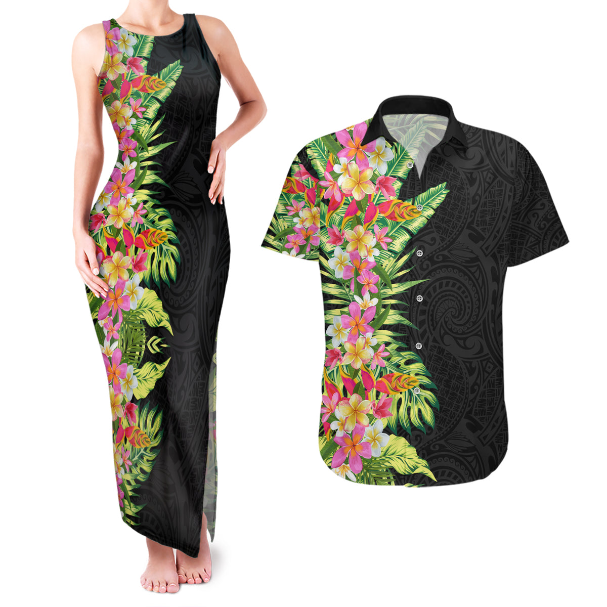 Hawaii Tropical Flowers Tribal Pattern Couples Matching Tank Maxi Dress and Hawaiian Shirt No1 LT9 Black - Polynesian Pride