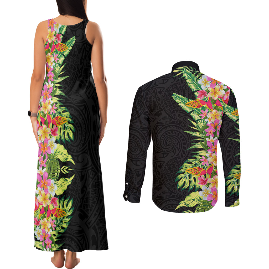 Hawaii Tropical Flowers Tribal Pattern Couples Matching Tank Maxi Dress and Long Sleeve Button Shirt No1 LT9 - Polynesian Pride