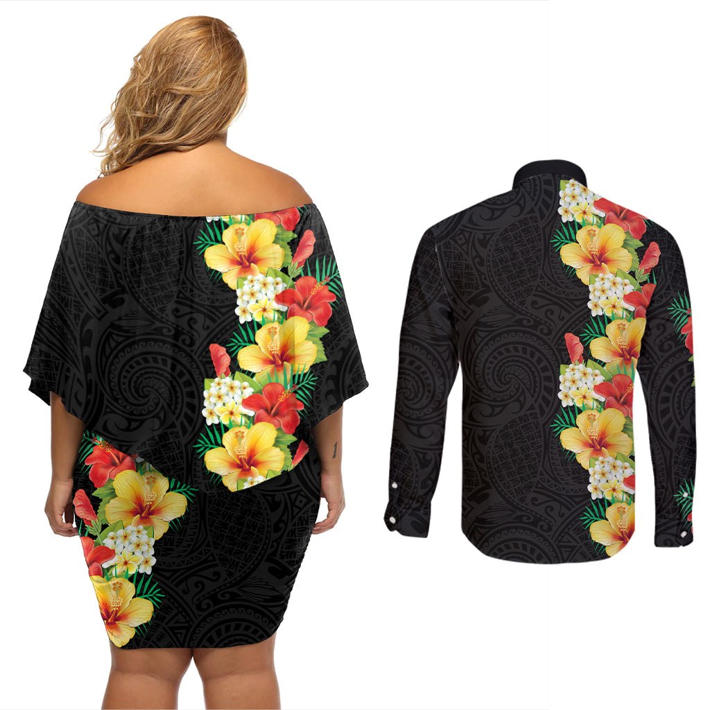 Hawaii Tropical Flowers Tribal Pattern Couples Matching Off Shoulder Short Dress and Long Sleeve Button Shirt No2 LT9 - Polynesian Pride