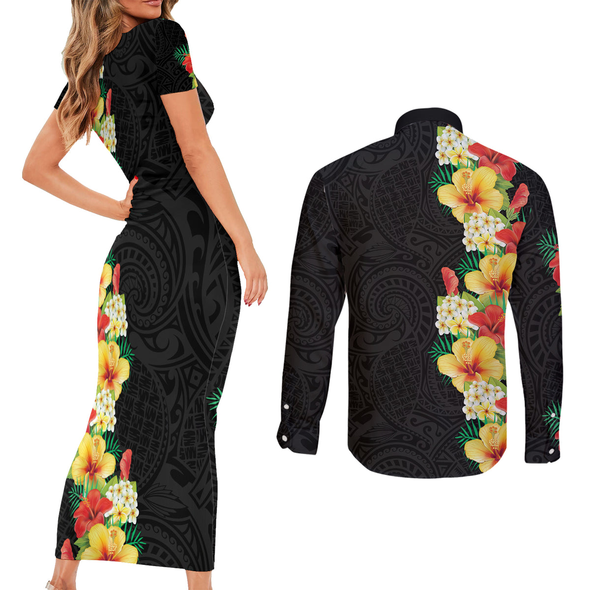 Hawaii Tropical Flowers Tribal Pattern Couples Matching Short Sleeve Bodycon Dress and Long Sleeve Button Shirt No2 LT9 - Polynesian Pride