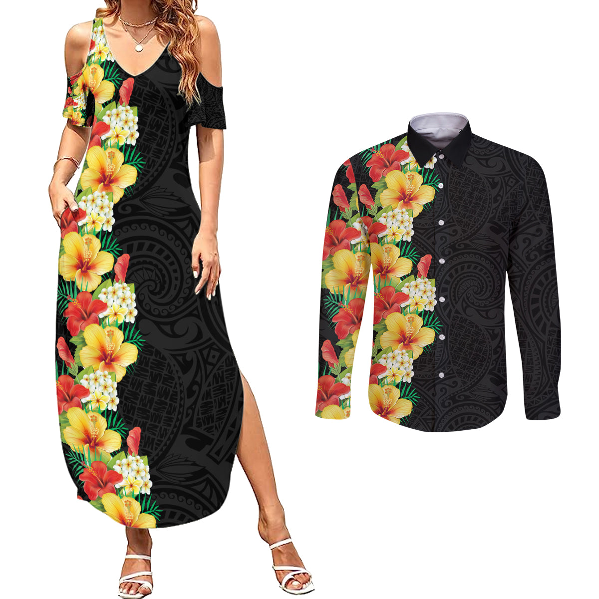 Hawaii Tropical Flowers Tribal Pattern Couples Matching Summer Maxi Dress and Long Sleeve Button Shirt No2 LT9 Black - Polynesian Pride