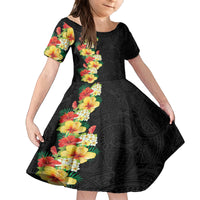 Hawaii Tropical Flowers Tribal Pattern Family Matching Off Shoulder Long Sleeve Dress and Hawaiian Shirt No2 LT9 Daughter's Dress Black - Polynesian Pride