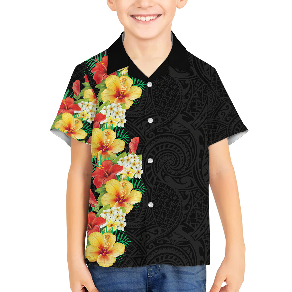 Hawaii Tropical Flowers Tribal Pattern Family Matching Summer Maxi Dress and Hawaiian Shirt No2 LT9 Son's Shirt Black - Polynesian Pride