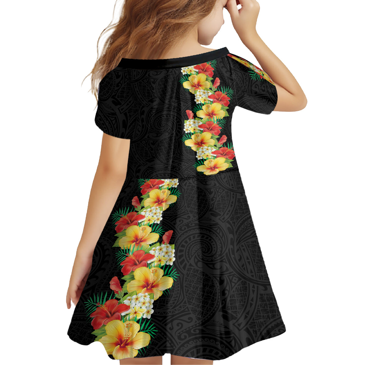 Hawaii Tropical Flowers Tribal Pattern Kid Short Sleeve Dress No2 LT9 - Polynesian Pride