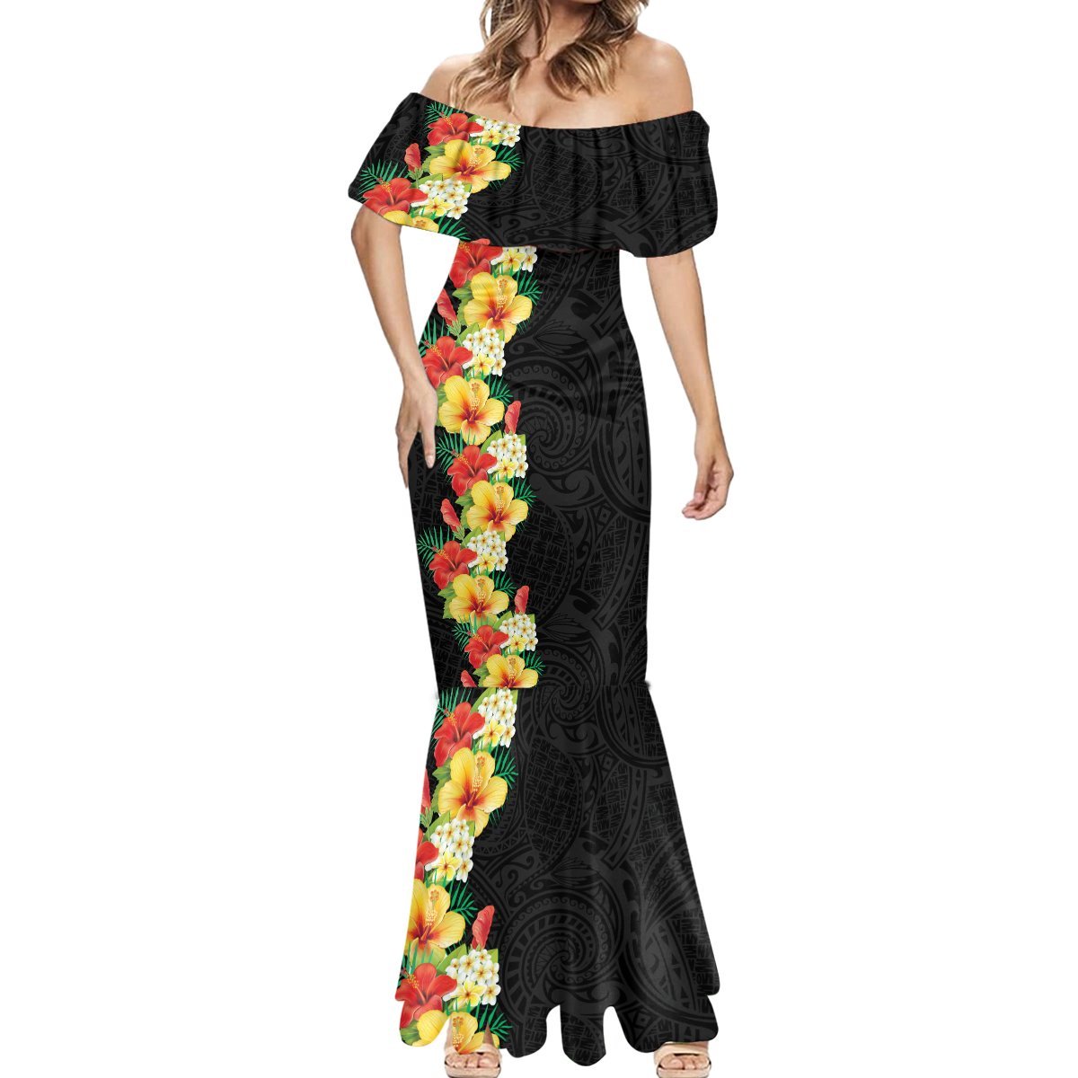 Hawaii Tropical Flowers Tribal Pattern Mermaid Dress No2 LT9 - Polynesian Pride