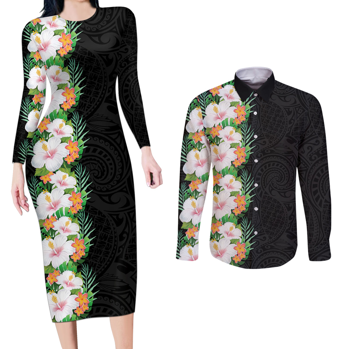 Hawaii Tropical Flowers Tribal Pattern Couples Matching Long Sleeve Bodycon Dress and Long Sleeve Button Shirt No3 LT9 Black - Polynesian Pride