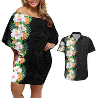 Hawaii Tropical Flowers Tribal Pattern Couples Matching Off Shoulder Short Dress and Hawaiian Shirt No3 LT9 Black - Polynesian Pride
