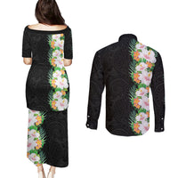 Hawaii Tropical Flowers Tribal Pattern Couples Matching Puletasi and Long Sleeve Button Shirt No3 LT9 - Polynesian Pride