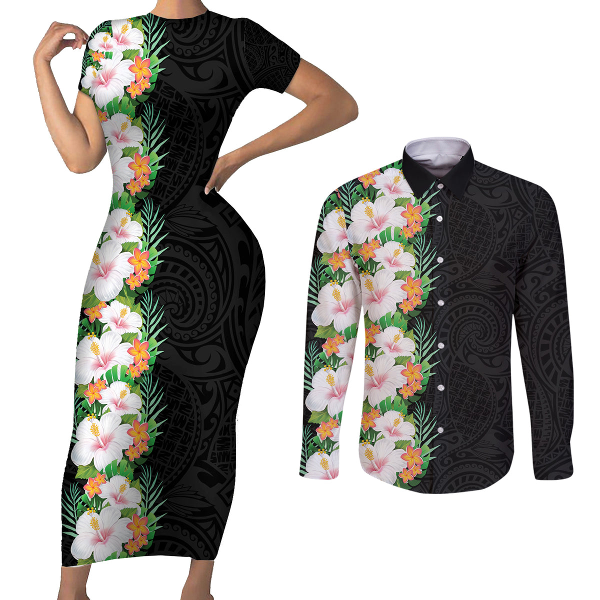 Hawaii Tropical Flowers Tribal Pattern Couples Matching Short Sleeve Bodycon Dress and Long Sleeve Button Shirt No3 LT9 Black - Polynesian Pride