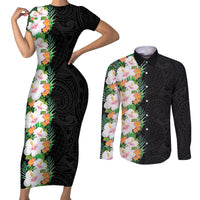 Hawaii Tropical Flowers Tribal Pattern Couples Matching Short Sleeve Bodycon Dress and Long Sleeve Button Shirt No3 LT9 Black - Polynesian Pride
