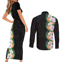 Hawaii Tropical Flowers Tribal Pattern Couples Matching Short Sleeve Bodycon Dress and Long Sleeve Button Shirt No3 LT9 - Polynesian Pride