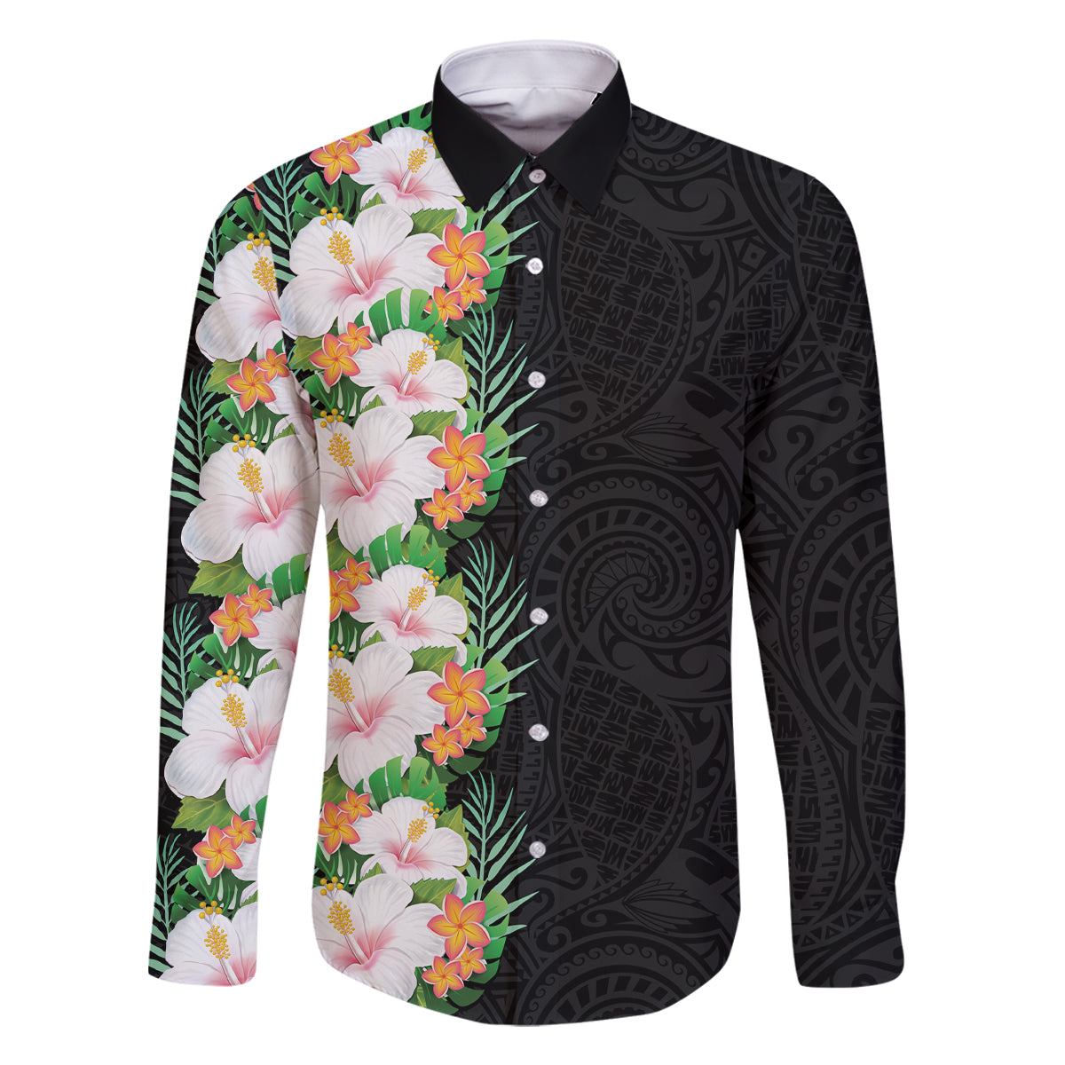 Hawaii Tropical Flowers Tribal Pattern Family Matching Off Shoulder Maxi Dress and Hawaiian Shirt No3 LT9 Dad's Shirt - Long Sleeve Black - Polynesian Pride