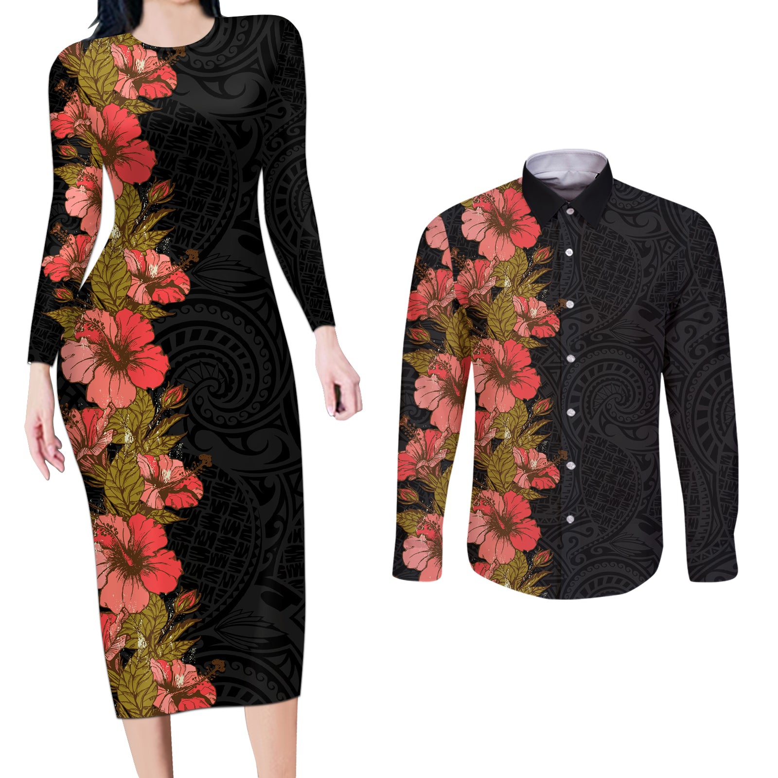 Hawaii Tropical Flowers Tribal Pattern Couples Matching Long Sleeve Bodycon Dress and Long Sleeve Button Shirt No4 LT9 Black - Polynesian Pride