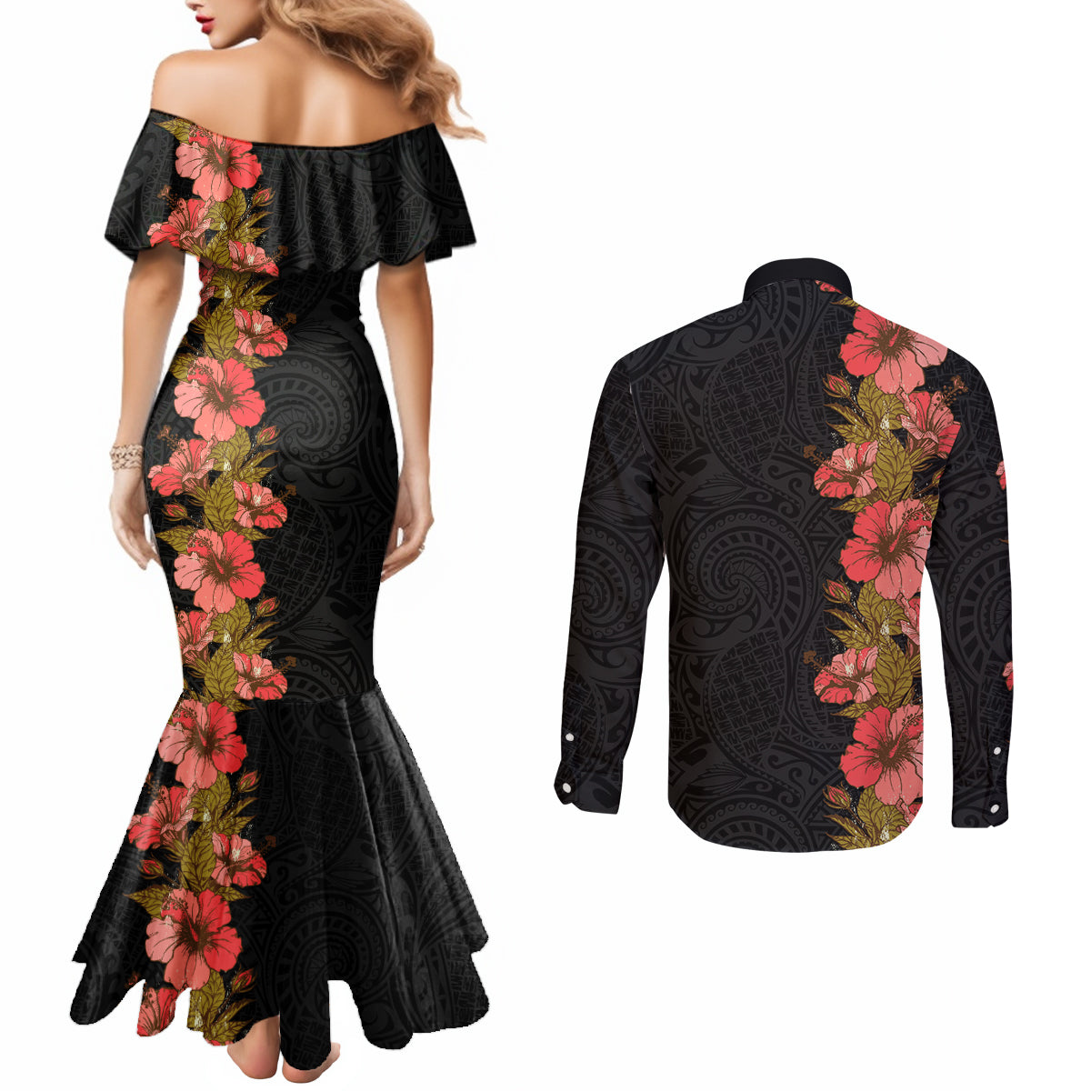 Hawaii Tropical Flowers Tribal Pattern Couples Matching Mermaid Dress and Long Sleeve Button Shirt No4 LT9 - Polynesian Pride