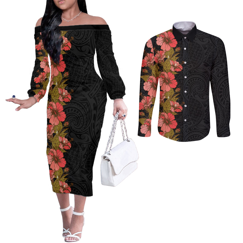 Hawaii Tropical Flowers Tribal Pattern Couples Matching Off The Shoulder Long Sleeve Dress and Long Sleeve Button Shirt No4 LT9 Black - Polynesian Pride