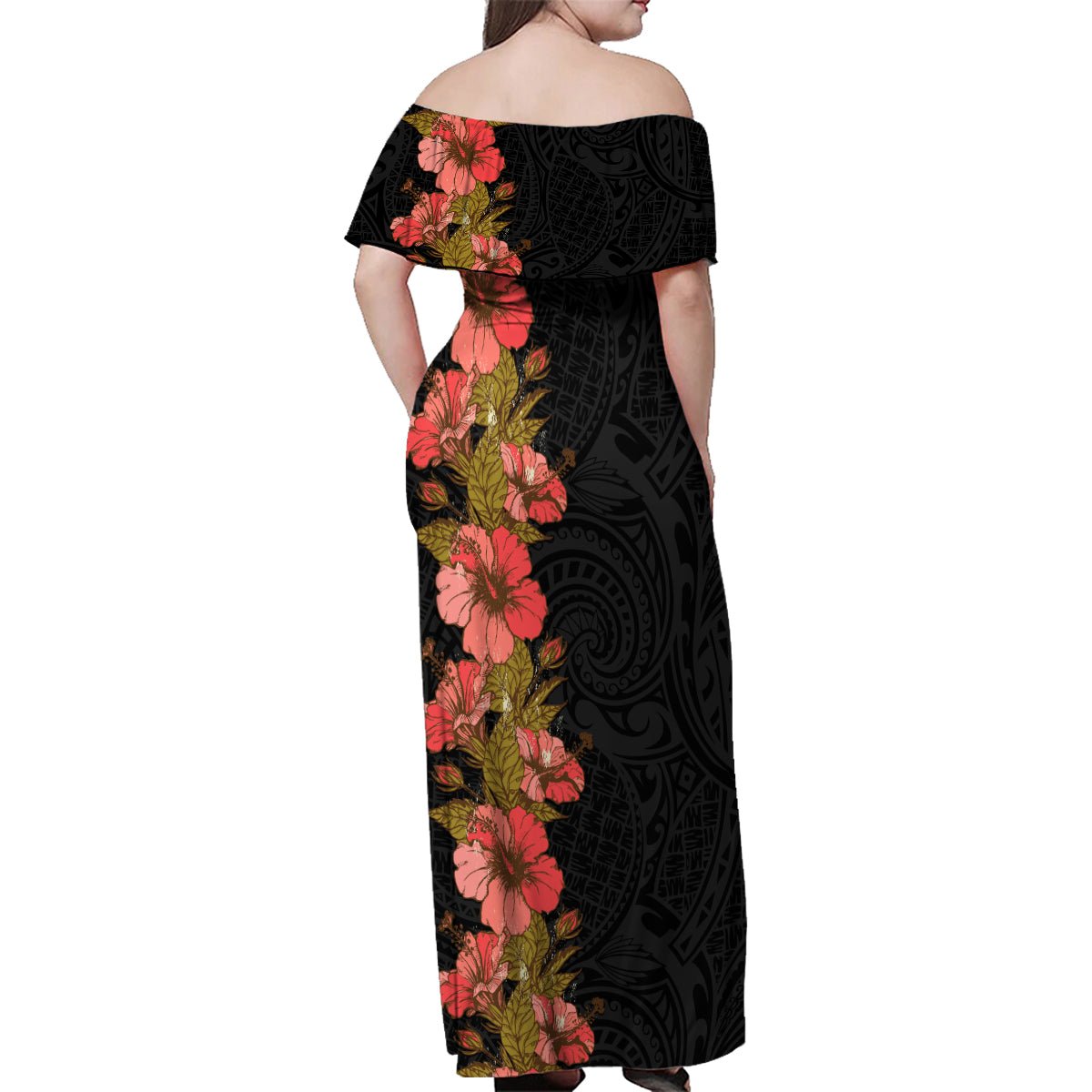 Hawaii Tropical Flowers Tribal Pattern Family Matching Off Shoulder Maxi Dress and Hawaiian Shirt No4 LT9 - Polynesian Pride