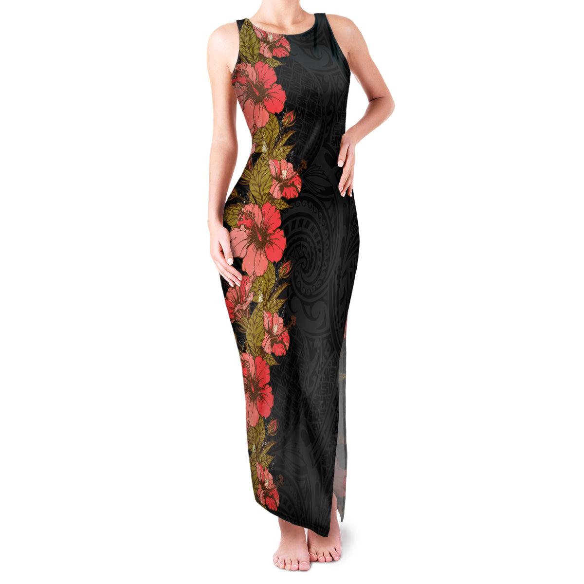 Hawaii Tropical Flowers Tribal Pattern Family Matching Tank Maxi Dress and Hawaiian Shirt No4 LT9 Mom's Dress Black - Polynesian Pride