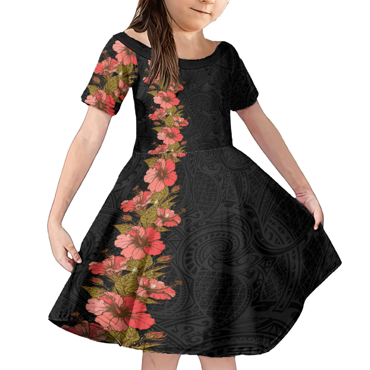 Hawaii Tropical Flowers Tribal Pattern Kid Short Sleeve Dress No4 LT9 KID Black - Polynesian Pride