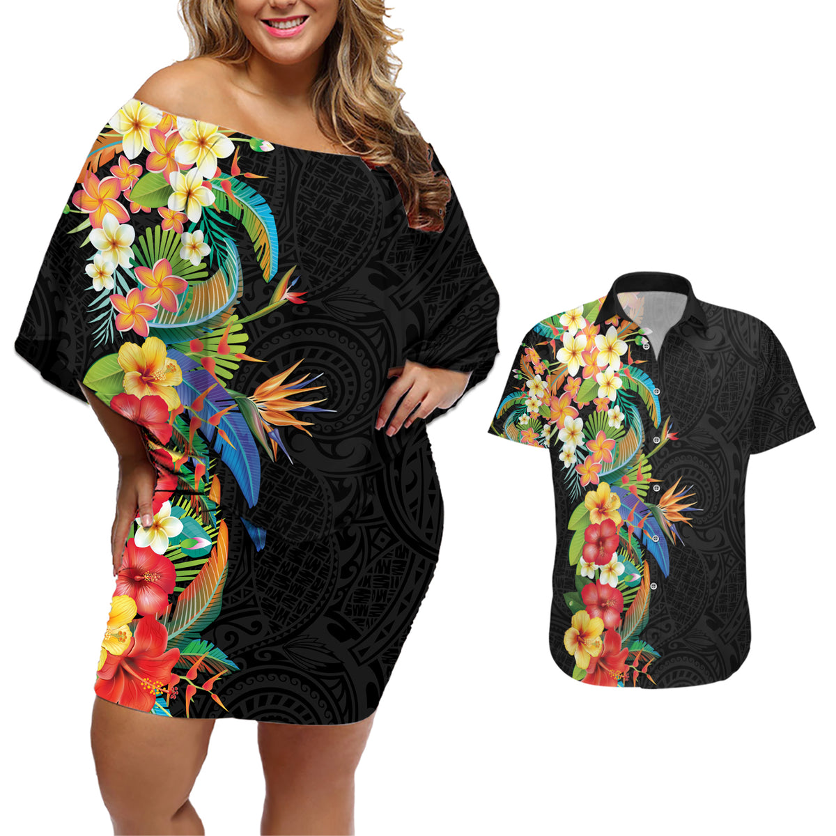 Hawaii Tropical Flowers Tribal Pattern Couples Matching Off Shoulder Short Dress and Hawaiian Shirt No5 LT9 Black - Polynesian Pride