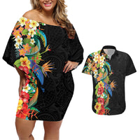 Hawaii Tropical Flowers Tribal Pattern Couples Matching Off Shoulder Short Dress and Hawaiian Shirt No5 LT9 Black - Polynesian Pride
