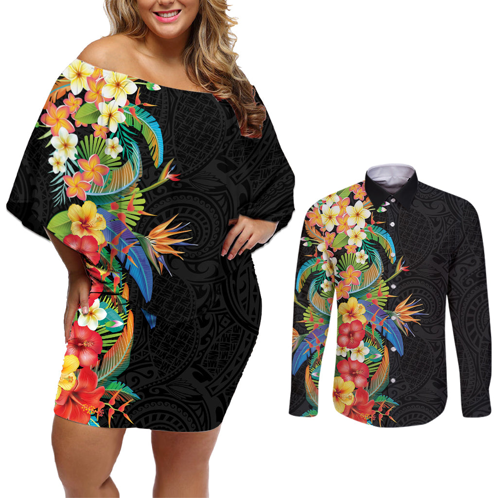 Hawaii Tropical Flowers Tribal Pattern Couples Matching Off Shoulder Short Dress and Long Sleeve Button Shirt No5 LT9 Black - Polynesian Pride