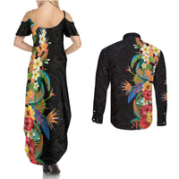 Hawaii Tropical Flowers Tribal Pattern Couples Matching Summer Maxi Dress and Long Sleeve Button Shirt No5 LT9 - Polynesian Pride