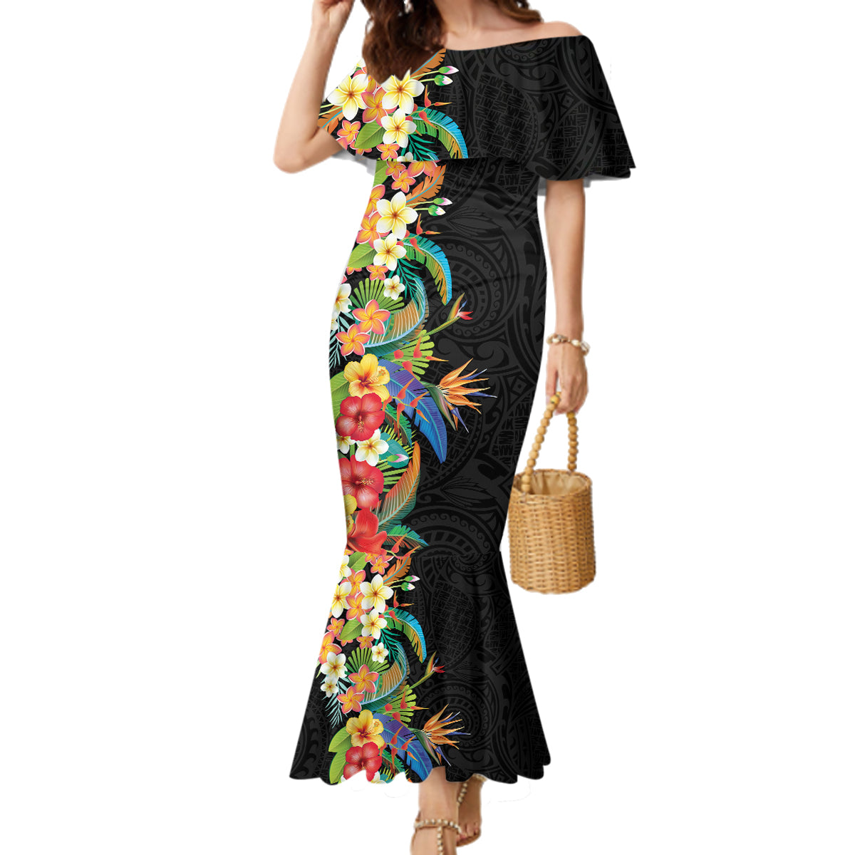 Hawaii Tropical Flowers Tribal Pattern Family Matching Mermaid Dress and Hawaiian Shirt No5 LT9 Mom's Dress Black - Polynesian Pride