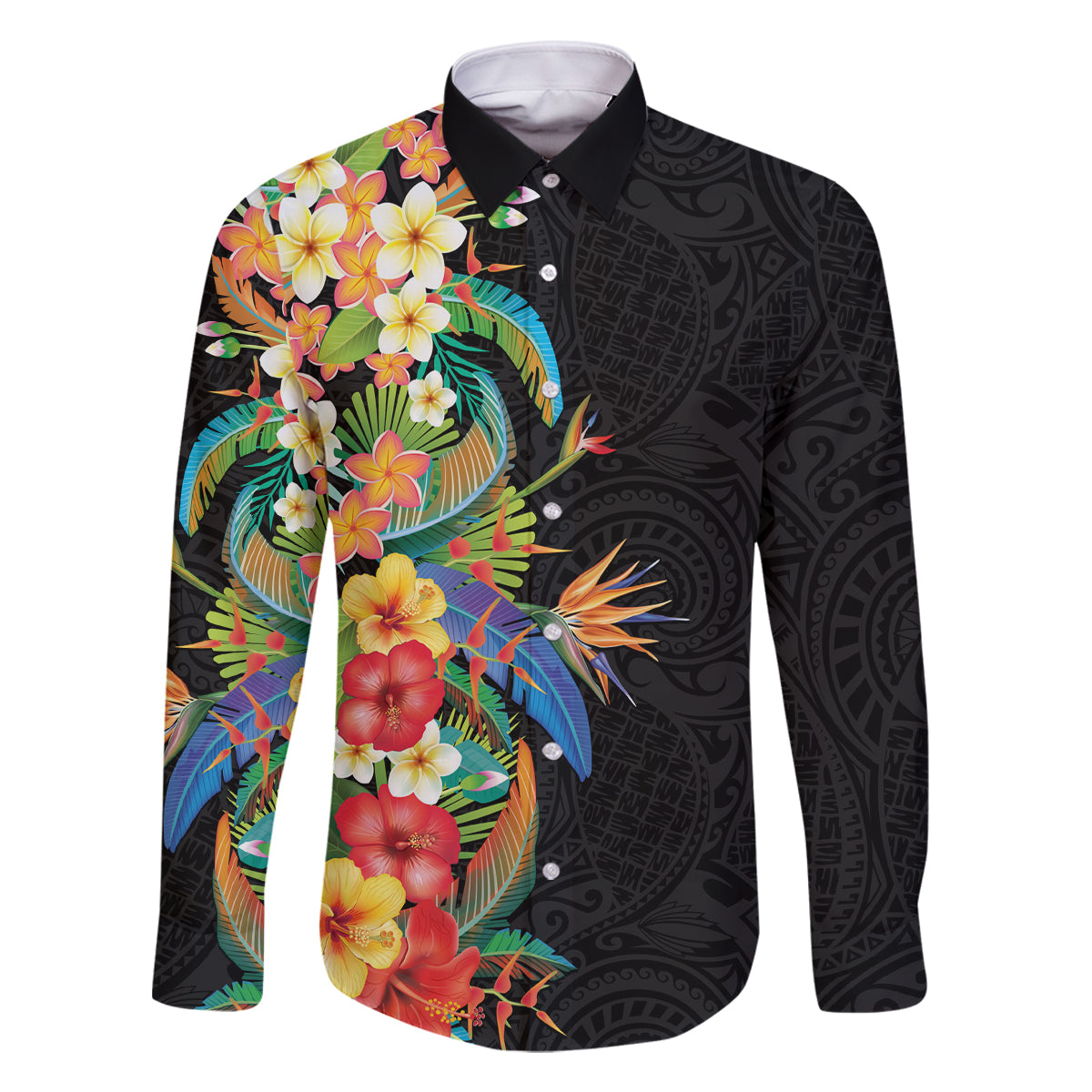 Hawaii Tropical Flowers Tribal Pattern Family Matching Off Shoulder Long Sleeve Dress and Hawaiian Shirt No5 LT9 Dad's Shirt - Long Sleeve Black - Polynesian Pride