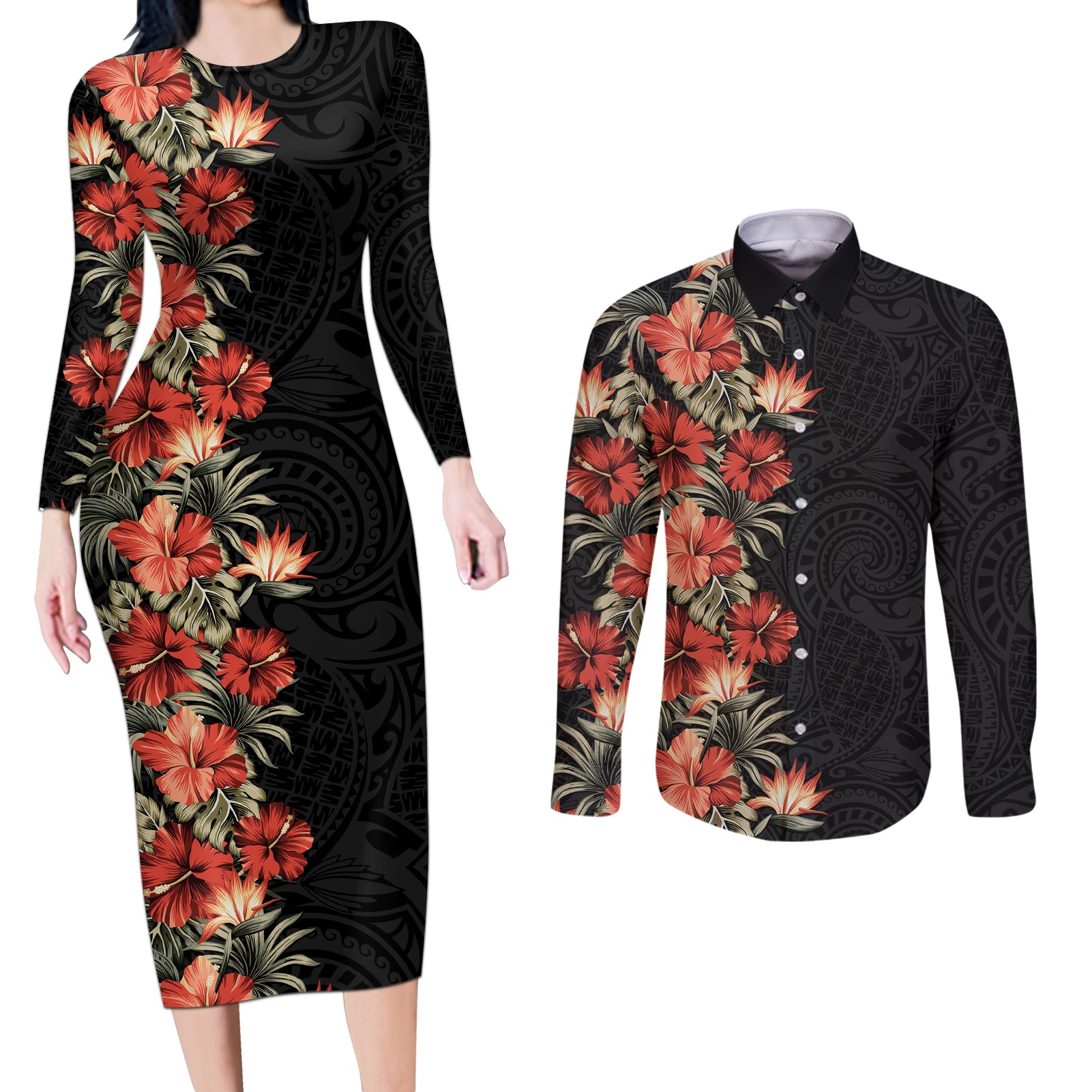Hawaii Tropical Flowers Tribal Pattern Couples Matching Long Sleeve Bodycon Dress and Long Sleeve Button Shirt No6 LT9 Black - Polynesian Pride